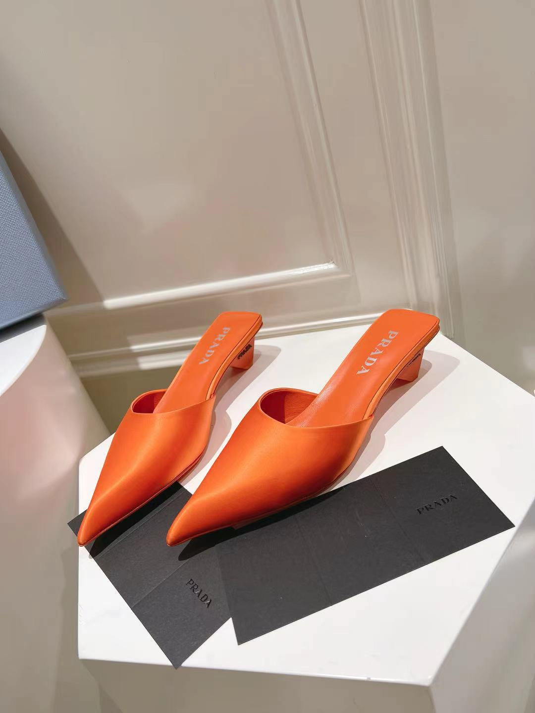PRADA POINTED-TOE MULES BRIGHT ORANGE SATIN