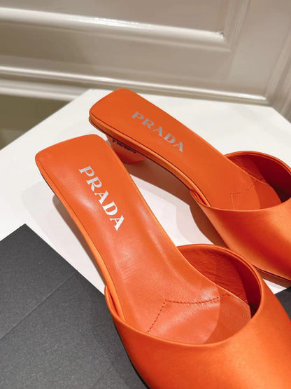 PRADA POINTED-TOE MULES BRIGHT ORANGE SATIN