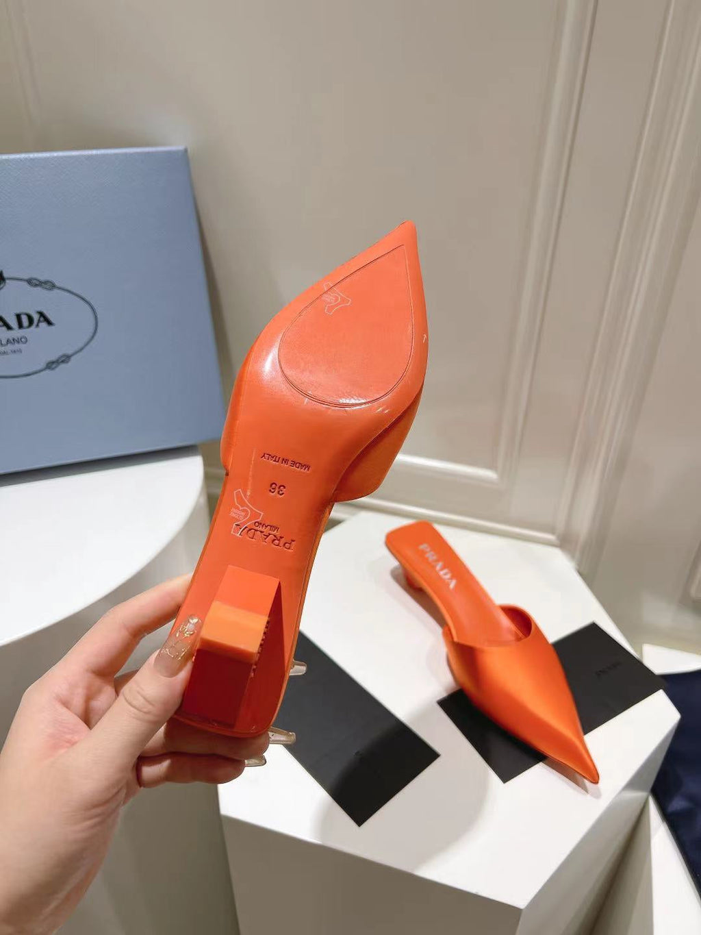 PRADA POINTED-TOE MULES BRIGHT ORANGE SATIN