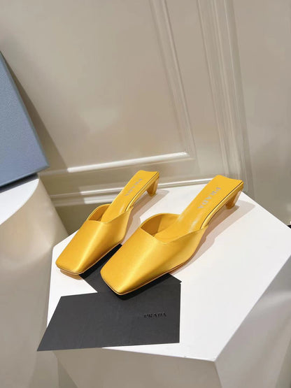 PRADA SQUARE TOE MULES YELLOW SATIN