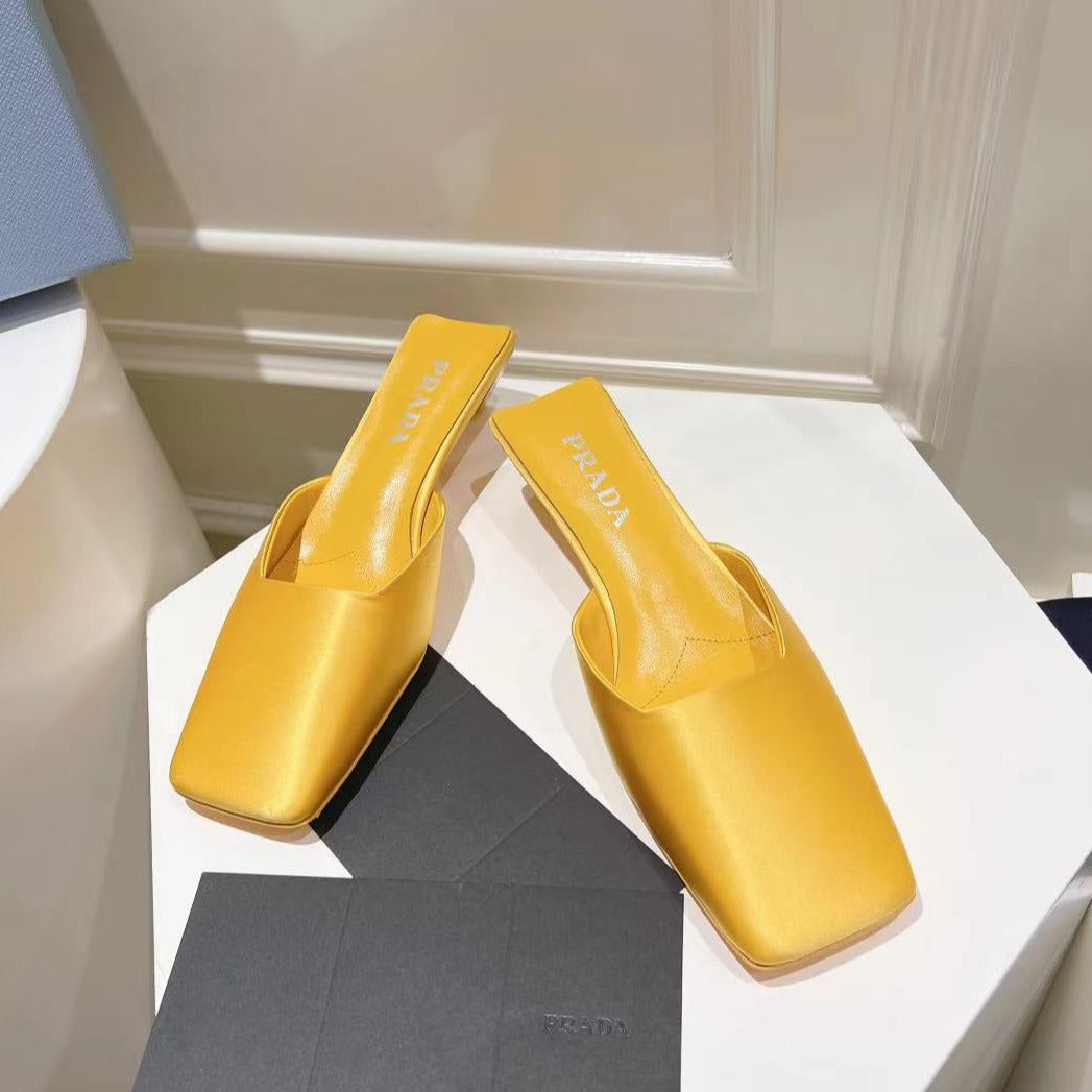 PRADA SQUARE TOE MULES YELLOW SATIN