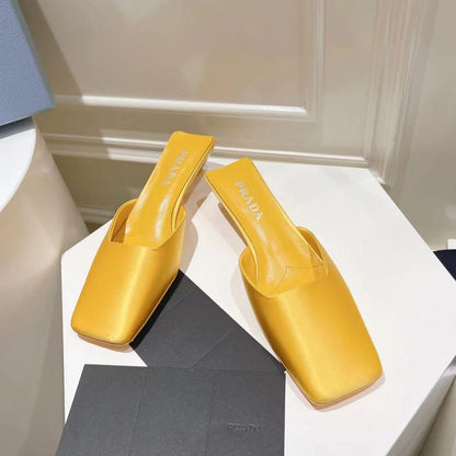 PRADA SQUARE TOE MULES YELLOW SATIN