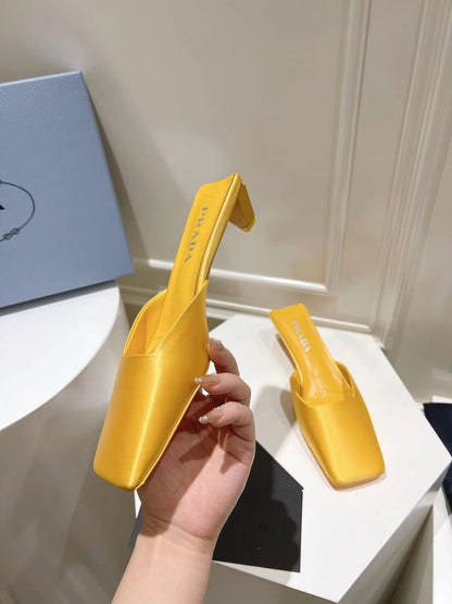 PRADA SQUARE TOE MULES YELLOW SATIN