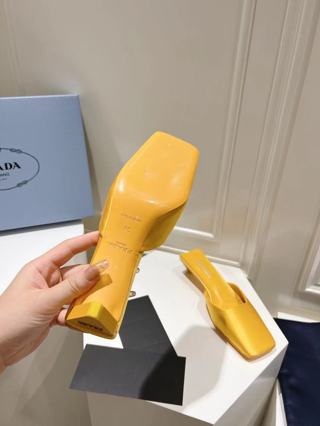 PRADA SQUARE TOE MULES YELLOW SATIN
