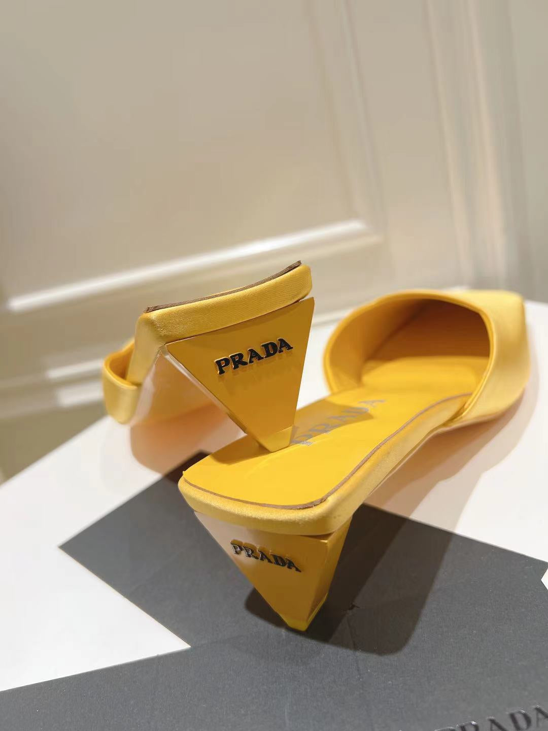 PRADA SQUARE TOE MULES YELLOW SATIN
