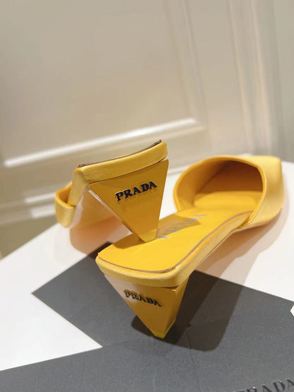 PRADA SQUARE TOE MULES YELLOW SATIN