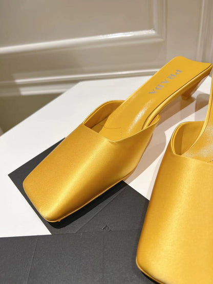 PRADA SQUARE TOE MULES YELLOW SATIN