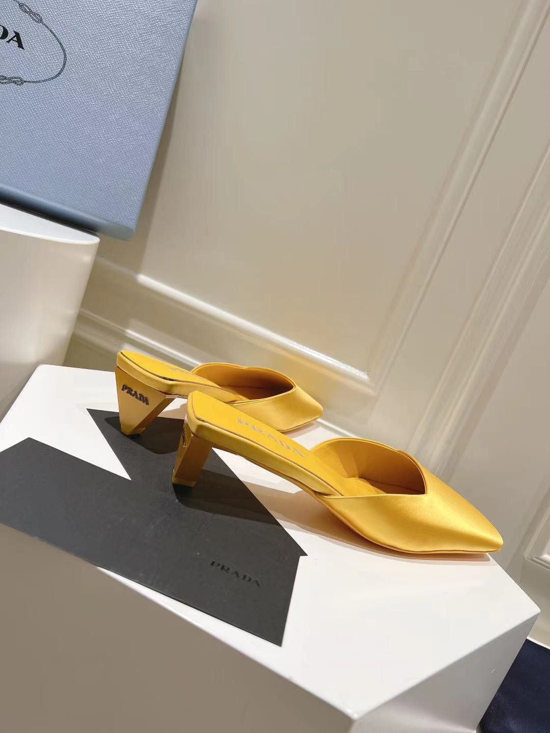 PRADA SQUARE TOE MULES YELLOW SATIN