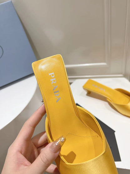 PRADA SQUARE TOE MULES YELLOW SATIN