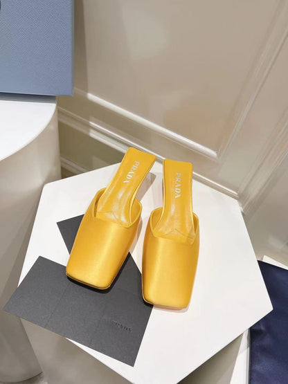 PRADA SQUARE TOE MULES YELLOW SATIN