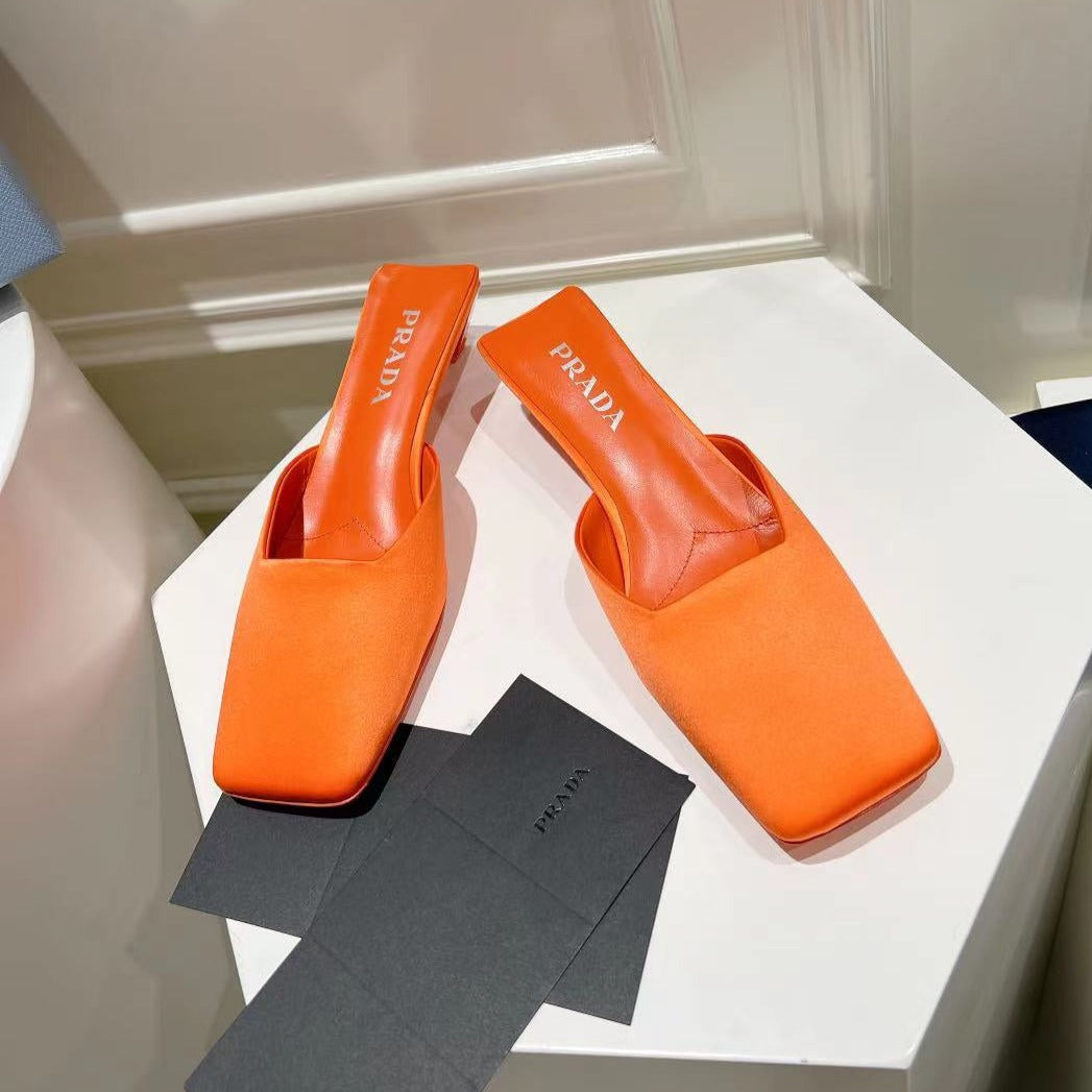 PRADA SQUARE TOE MULES BRIGHT ORANGE SATIN
