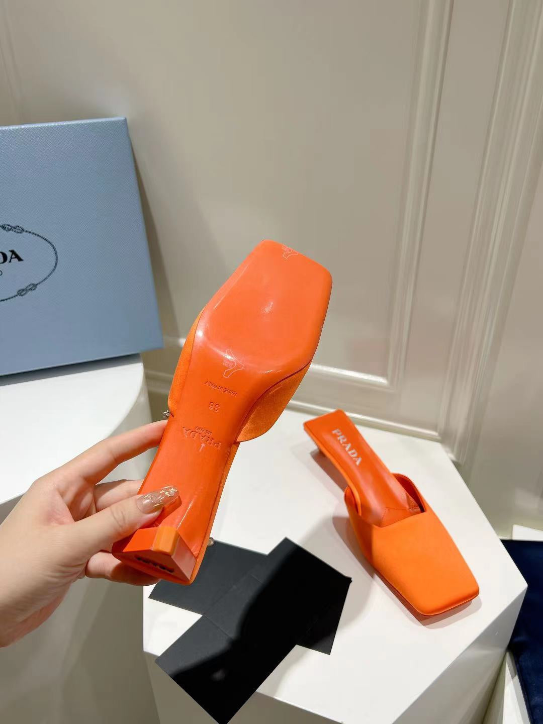 PRADA SQUARE TOE MULES BRIGHT ORANGE SATIN