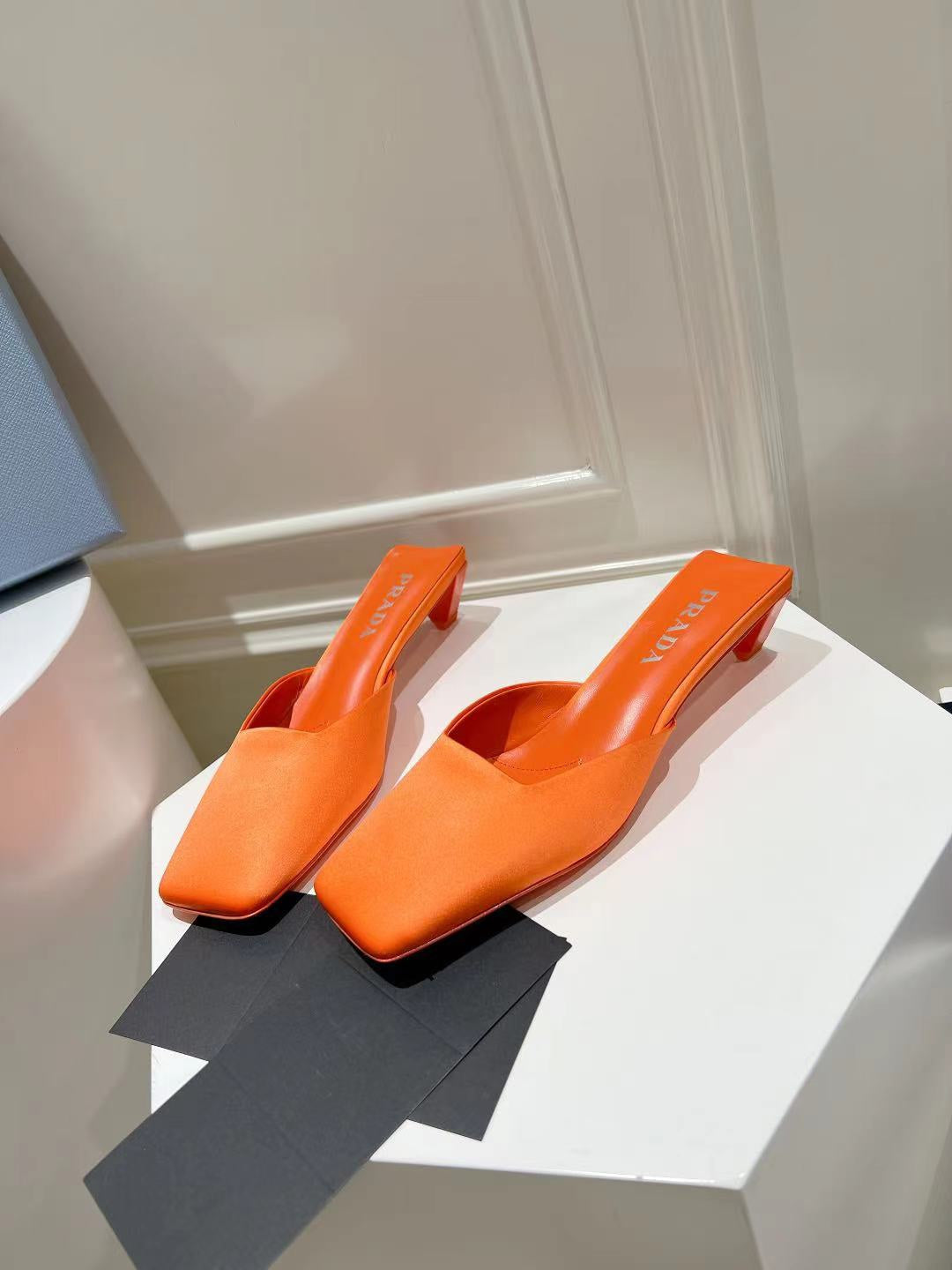 PRADA SQUARE TOE MULES BRIGHT ORANGE SATIN