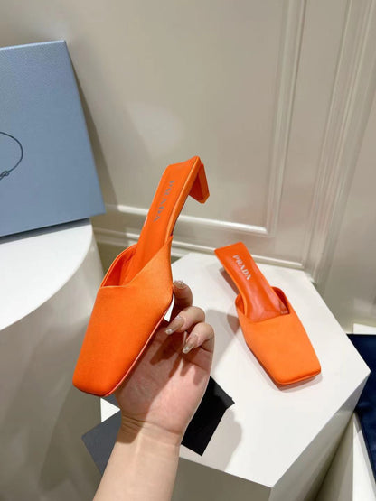 PRADA SQUARE TOE MULES BRIGHT ORANGE SATIN
