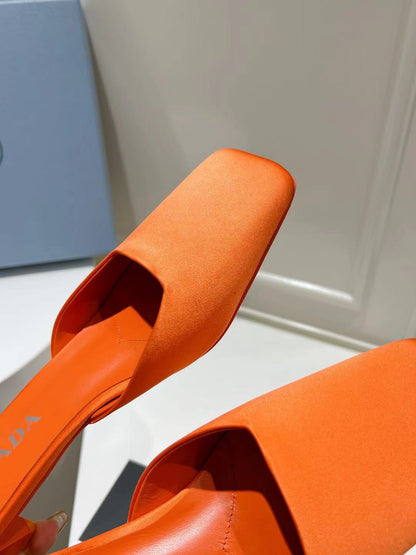 PRADA SQUARE TOE MULES BRIGHT ORANGE SATIN