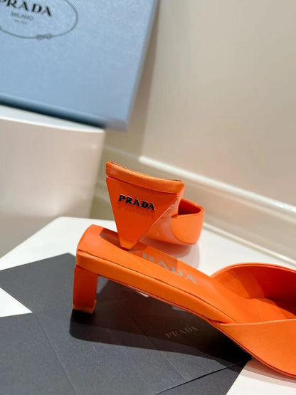 PRADA SQUARE TOE MULES BRIGHT ORANGE SATIN