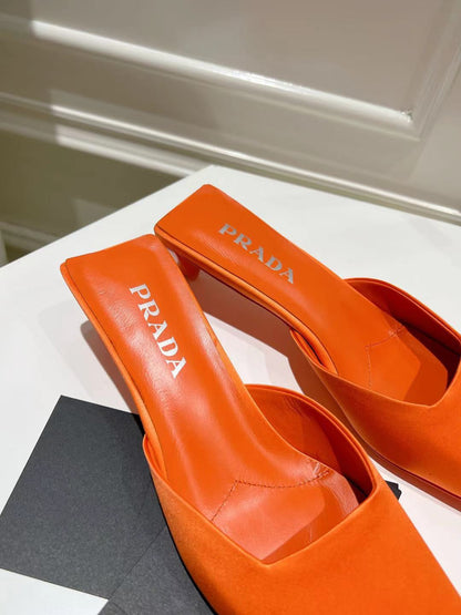 PRADA SQUARE TOE MULES BRIGHT ORANGE SATIN