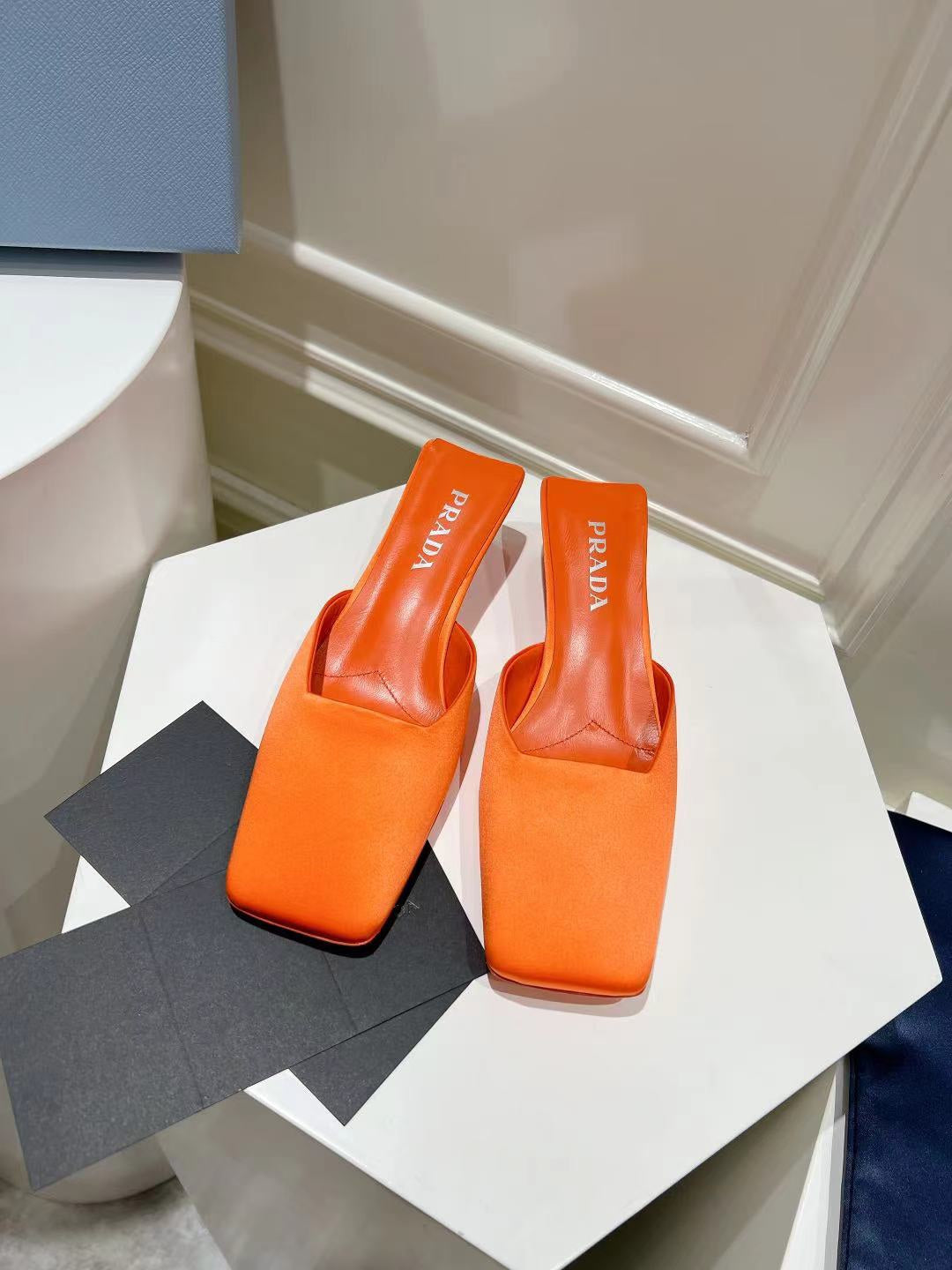 PRADA SQUARE TOE MULES BRIGHT ORANGE SATIN