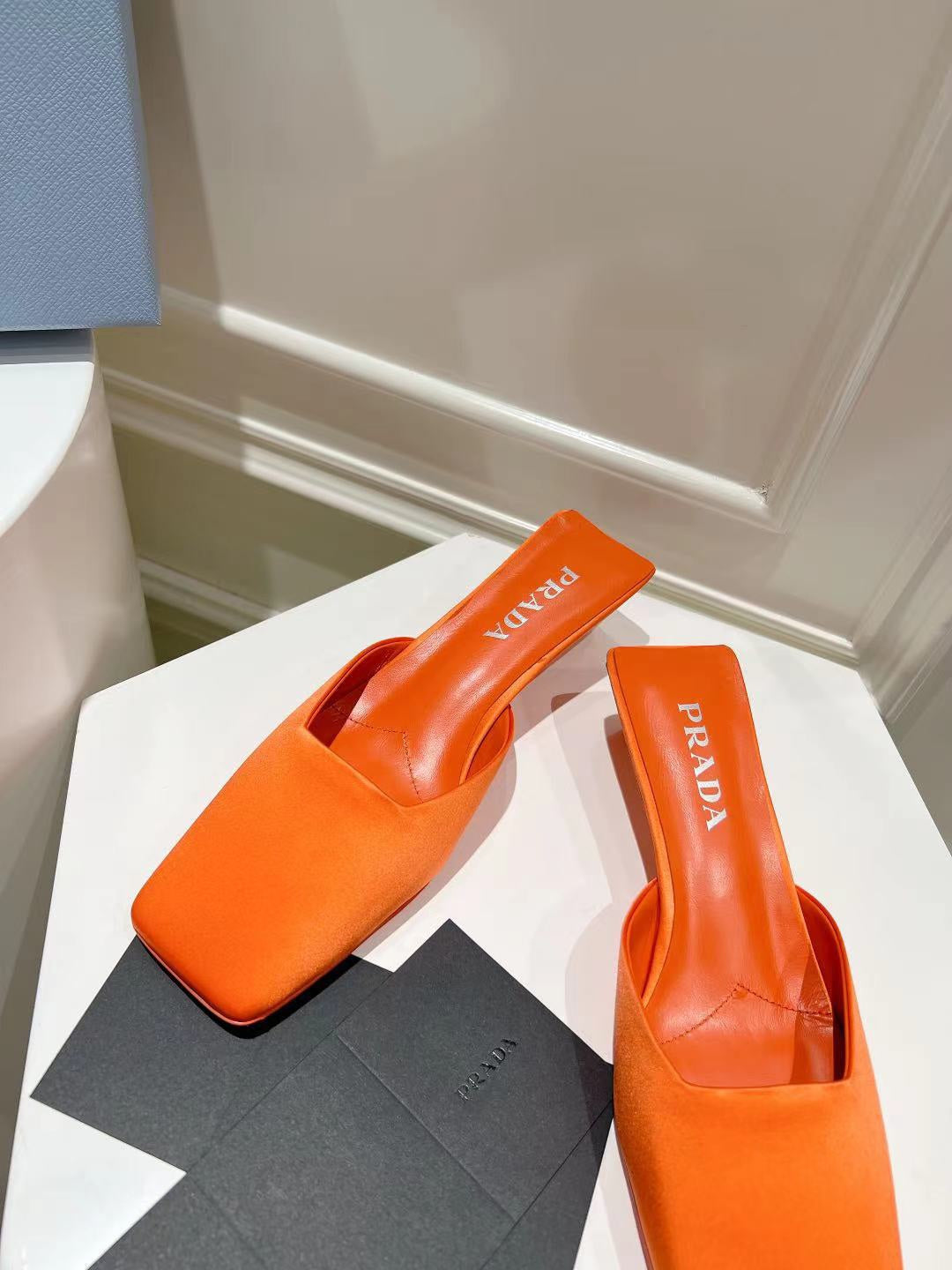 PRADA SQUARE TOE MULES BRIGHT ORANGE SATIN
