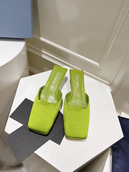 PRADA SQUARE TOE MULES PEAR SATIN