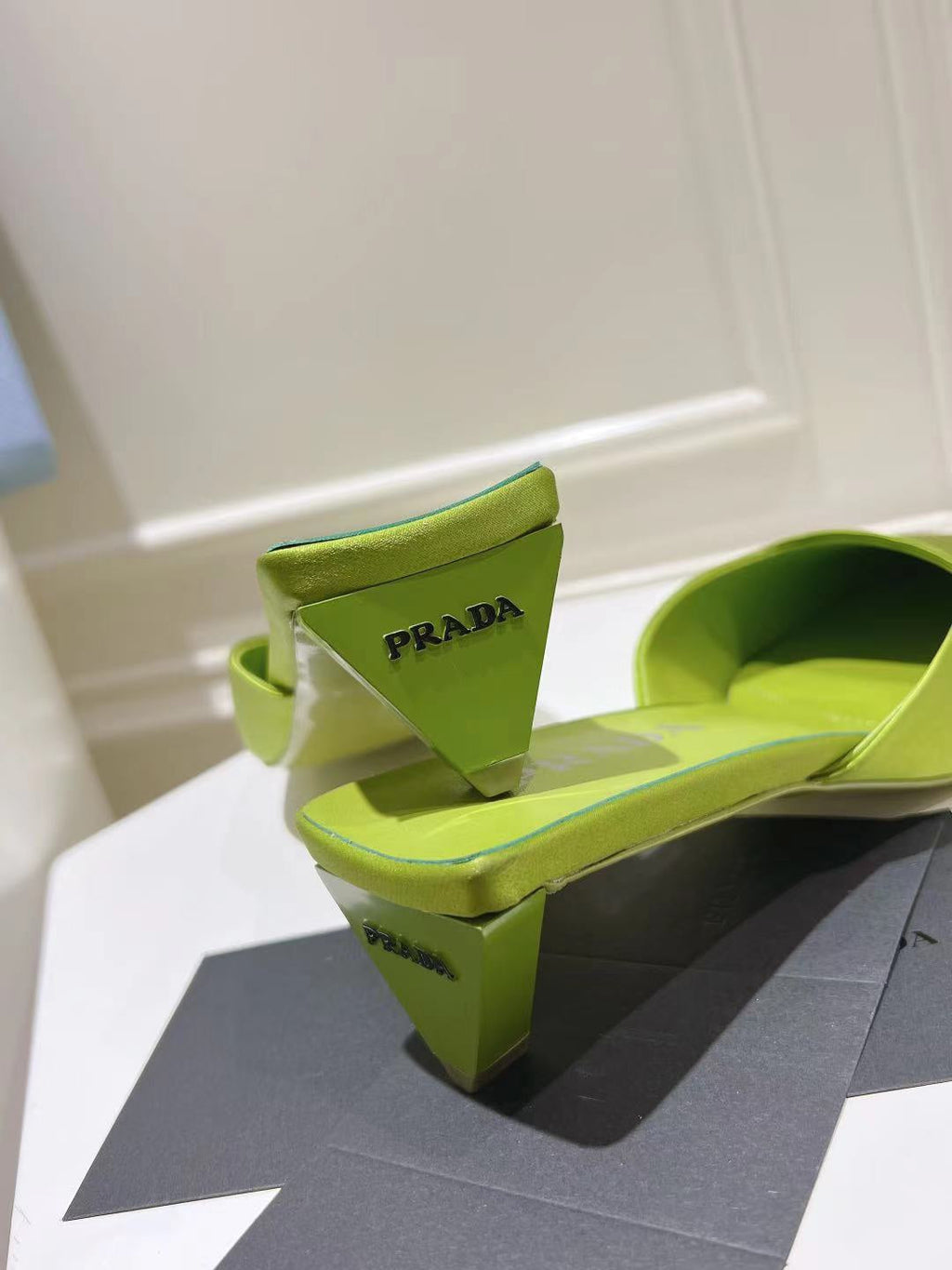 PRADA SQUARE TOE MULES PEAR SATIN