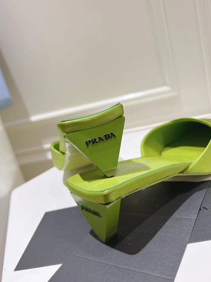 PRADA SQUARE TOE MULES PEAR SATIN