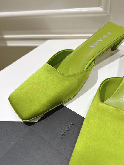 PRADA SQUARE TOE MULES PEAR SATIN