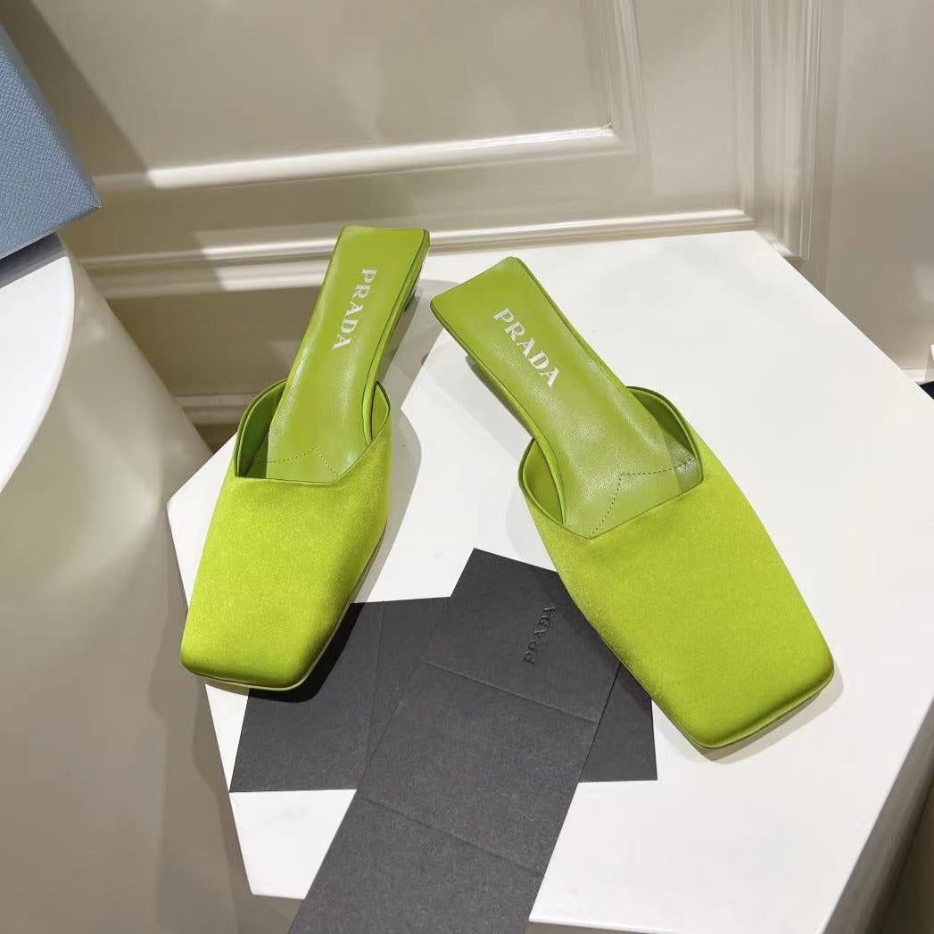 PRADA SQUARE TOE MULES PEAR SATIN