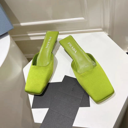 PRADA SQUARE TOE MULES PEAR SATIN