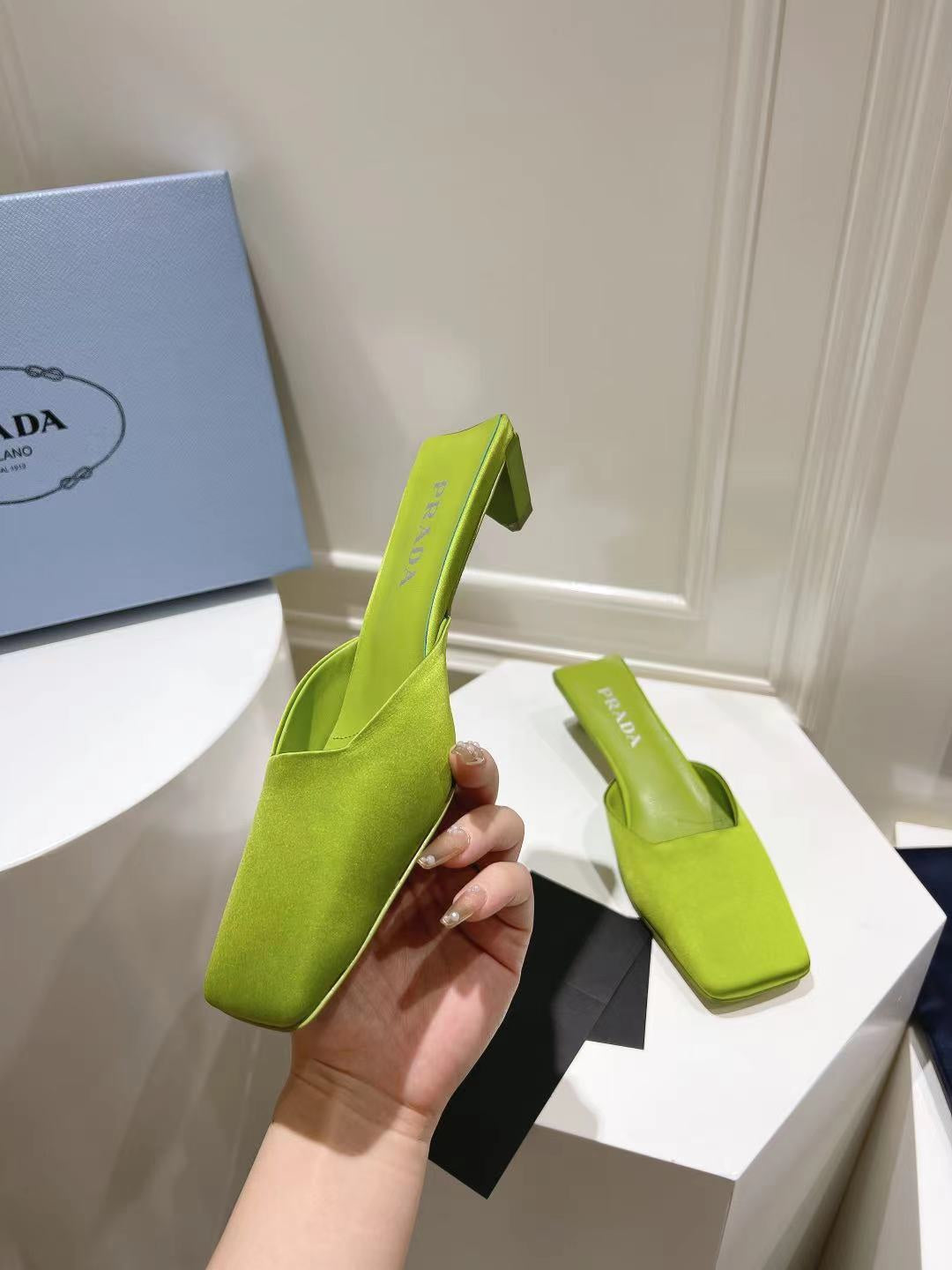 PRADA SQUARE TOE MULES PEAR SATIN