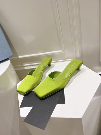 PRADA SQUARE TOE MULES PEAR SATIN