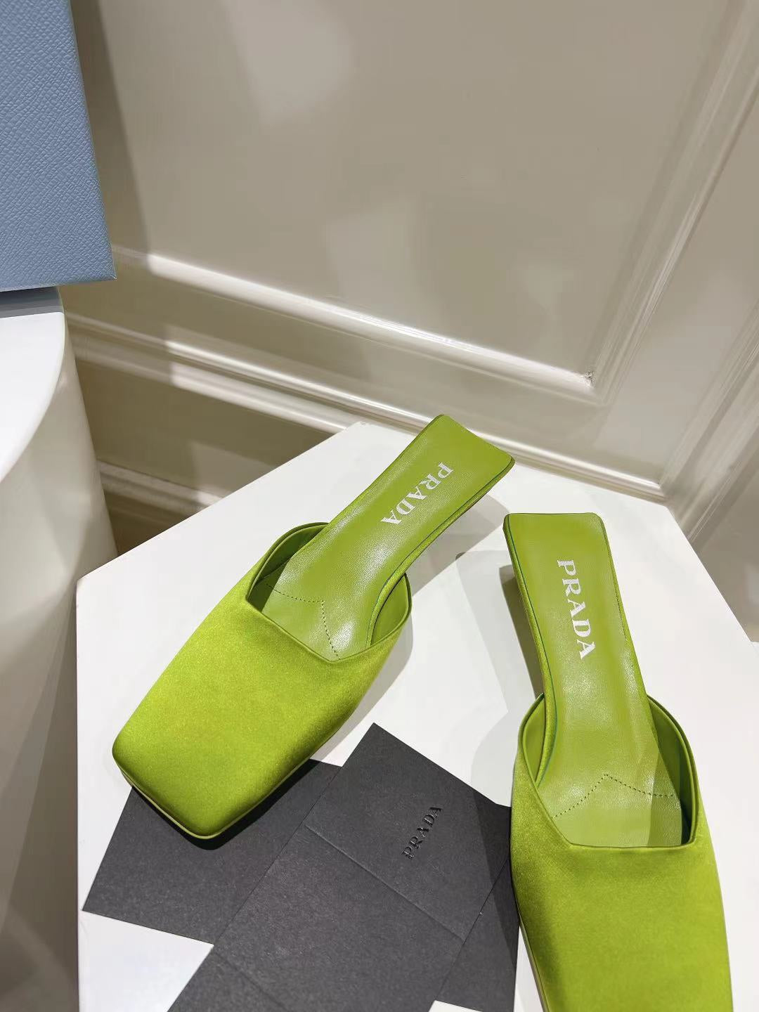 PRADA SQUARE TOE MULES PEAR SATIN