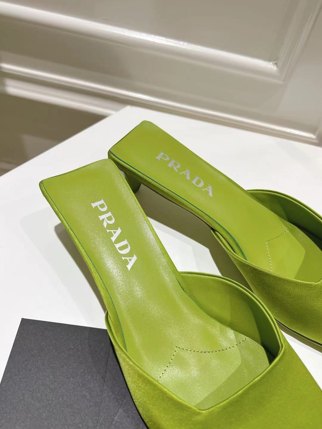 PRADA SQUARE TOE MULES PEAR SATIN