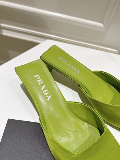 PRADA SQUARE TOE MULES PEAR SATIN