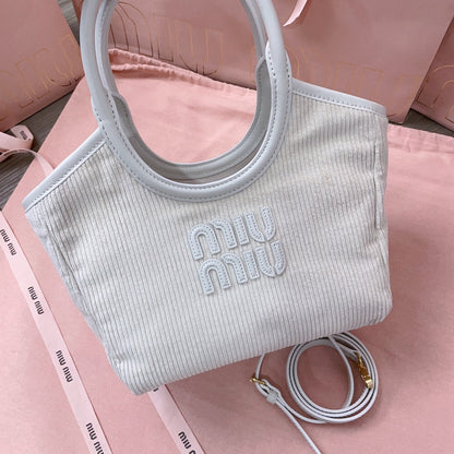 MIU MIU IVY HANDBAG 22 IN WHITE CANVAS
