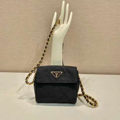 PRADA MINI QUILTED FLAP BAG 14 IN BLACK RE-NYLON FABRIC GOLD CHAIN