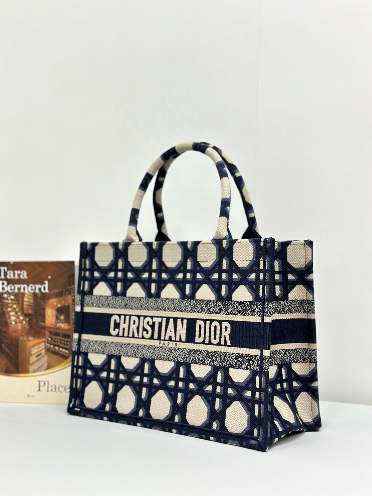 DIOR MEDIUM BOOK TOTE 37 BEIGE AND BLUE MACROCANNAGE EMBROIDERY