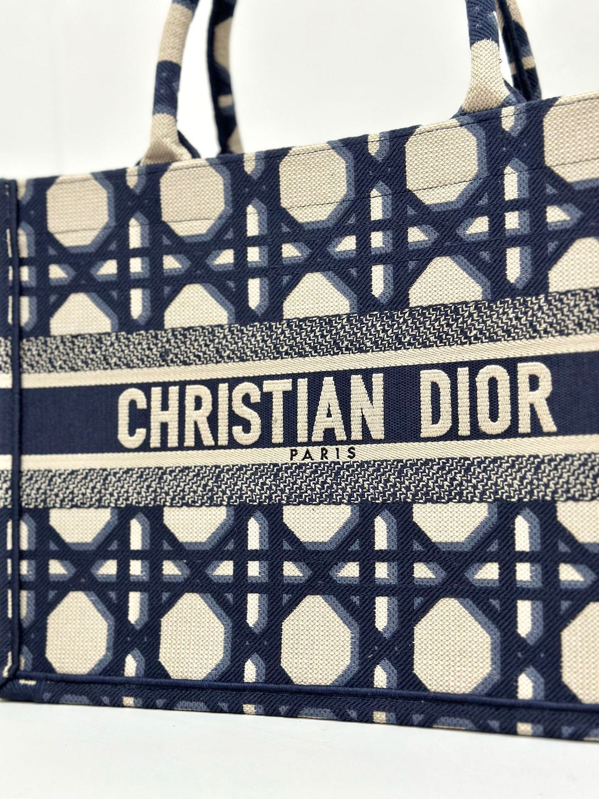 DIOR MEDIUM BOOK TOTE 37 BEIGE AND BLUE MACROCANNAGE EMBROIDERY