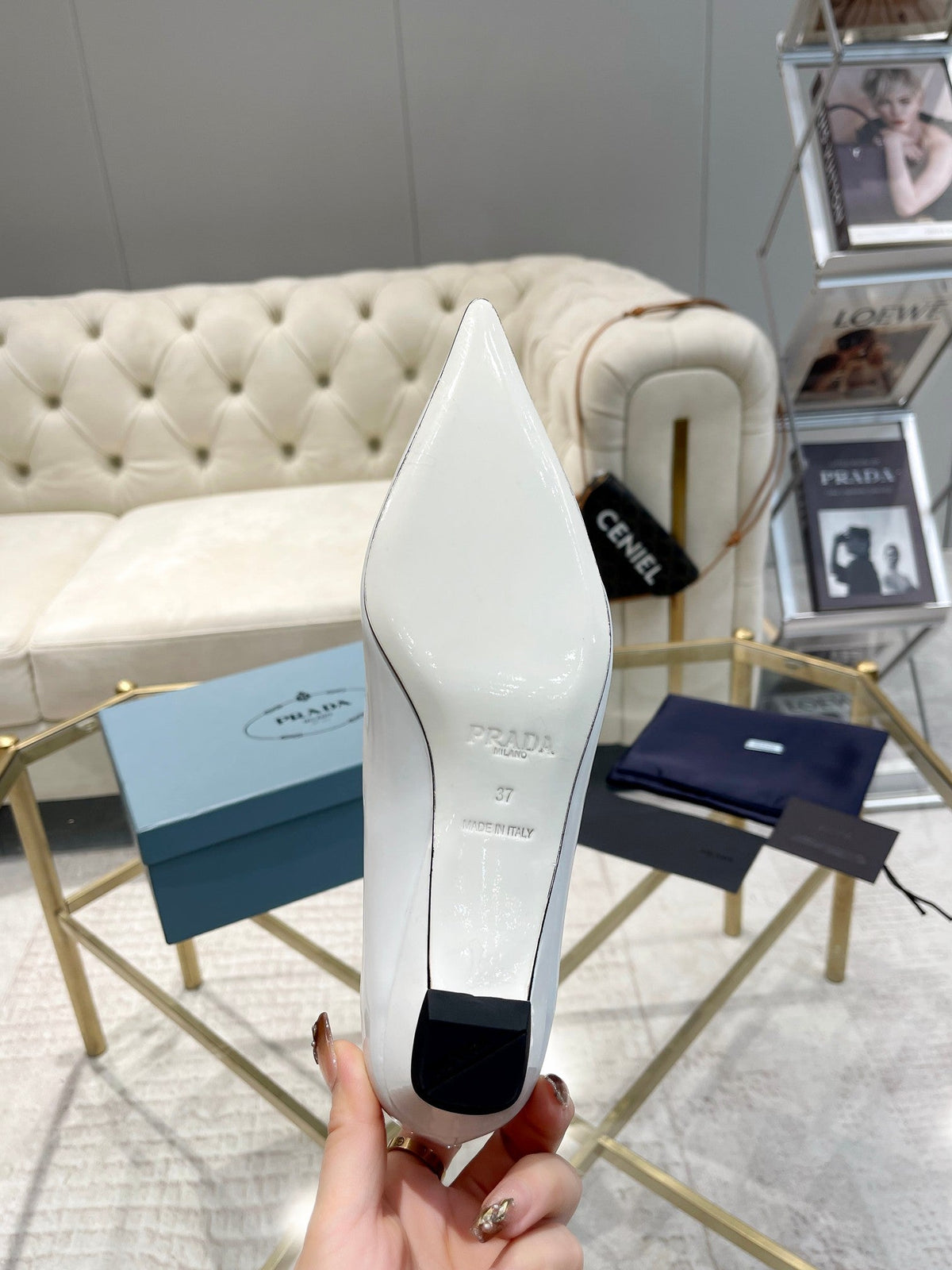 PRADA BALLET FLATS ATTACHED CREATIVE FLOWERS IN WHITE PATENT CALFSKIN