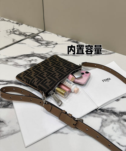 FENDI SHOULDER BAG 19 WITH FF MOTIF IN BROWN JACQUARD FABRIC