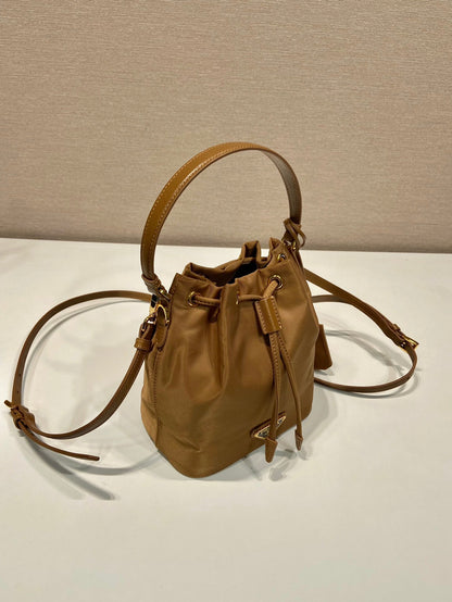 PRADA BUCKET BAG 19 IN RUSSET BROWN RE-NYLON AND CALFSKIN HANDLE