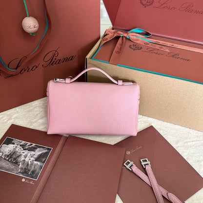 LORO PIANA EXTRA POCKET L19 IN FLAMINGO PINK GRAINED CALFSKIN WITH SILVER HARDWARE