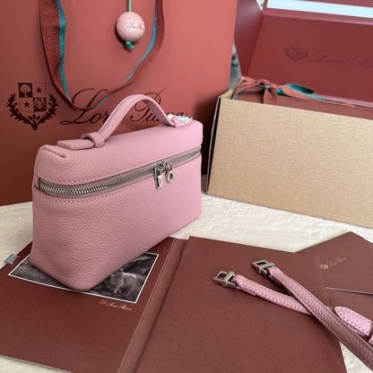 LORO PIANA EXTRA POCKET L19 IN FLAMINGO PINK GRAINED CALFSKIN WITH SILVER HARDWARE