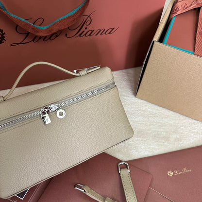 LORO PIANA EXTRA POCKET L19 IN DESERT BROWN GRAINED CALFSKIN WITH SILVER HARDWARE
