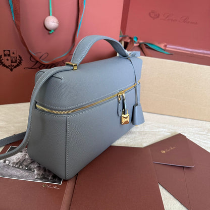 LORO PIANA EXTRA BAG L27 IN COOL GRAY SMOOTH CALFSKIN WITH GOLD HARDWARE