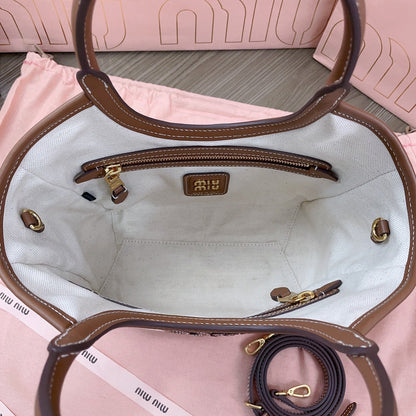 MIU MIU SMALL TOTE BAG 22 IN WHITE CANVAS AND BROWN CALFSKIN TRIM