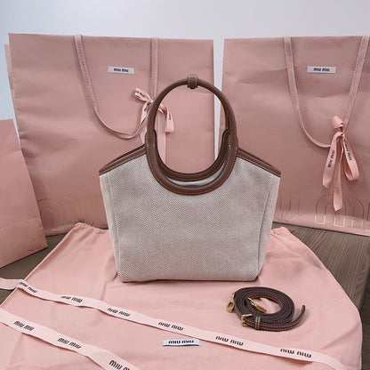 MIU MIU SMALL TOTE BAG 22 IN WHITE CANVAS AND BROWN CALFSKIN TRIM