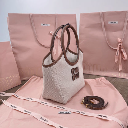 MIU MIU SMALL TOTE BAG 22 IN WHITE CANVAS AND BROWN CALFSKIN TRIM