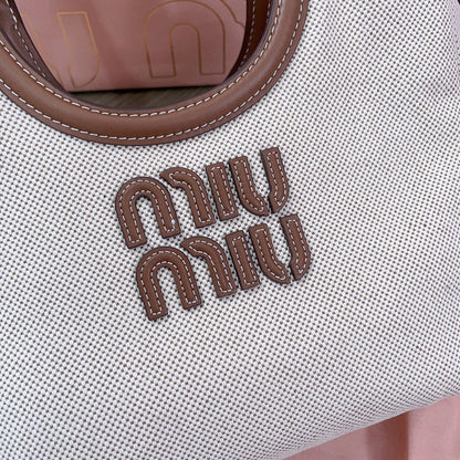 MIU MIU SMALL TOTE BAG 22 IN WHITE CANVAS AND BROWN CALFSKIN TRIM
