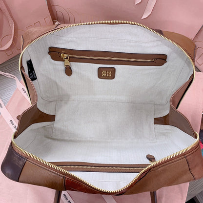 MIU MIU BEAU TOP HANDLE BAG 34 IN COGNAC LEATHER PATCHWORK